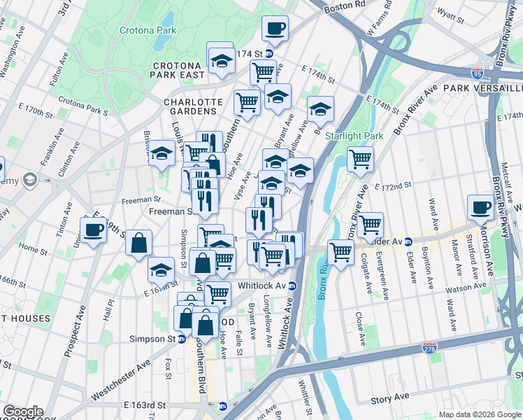 map of restaurants, bars, coffee shops, grocery stores, and more near 1406 Bryant Avenue in Bronx