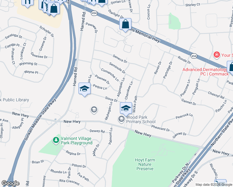 map of restaurants, bars, coffee shops, grocery stores, and more near 70 Pawnee Drive in Commack