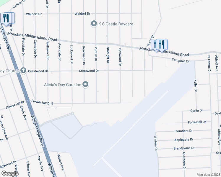 map of restaurants, bars, coffee shops, grocery stores, and more near 386 Starlight Drive in Shirley