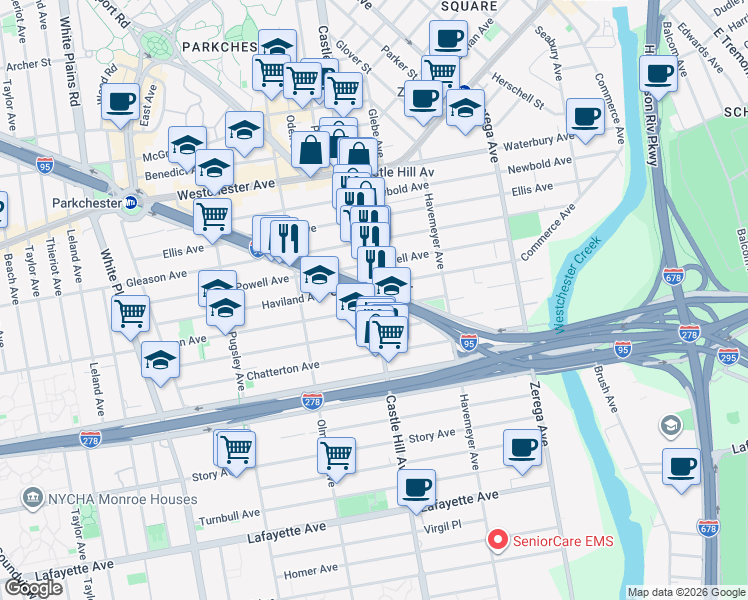 map of restaurants, bars, coffee shops, grocery stores, and more near in The Bronx