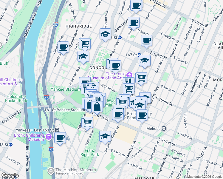 map of restaurants, bars, coffee shops, grocery stores, and more near Walton Ave & E 164th St in Bronx