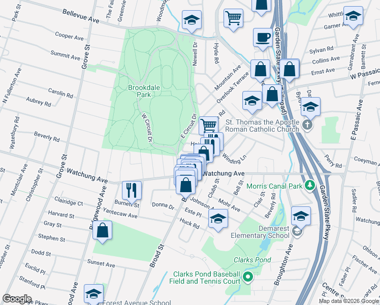 map of restaurants, bars, coffee shops, grocery stores, and more near 40 Highfield Road in Bloomfield