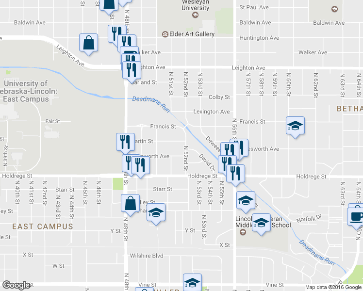 map of restaurants, bars, coffee shops, grocery stores, and more near 5141 Martin St in Lincoln