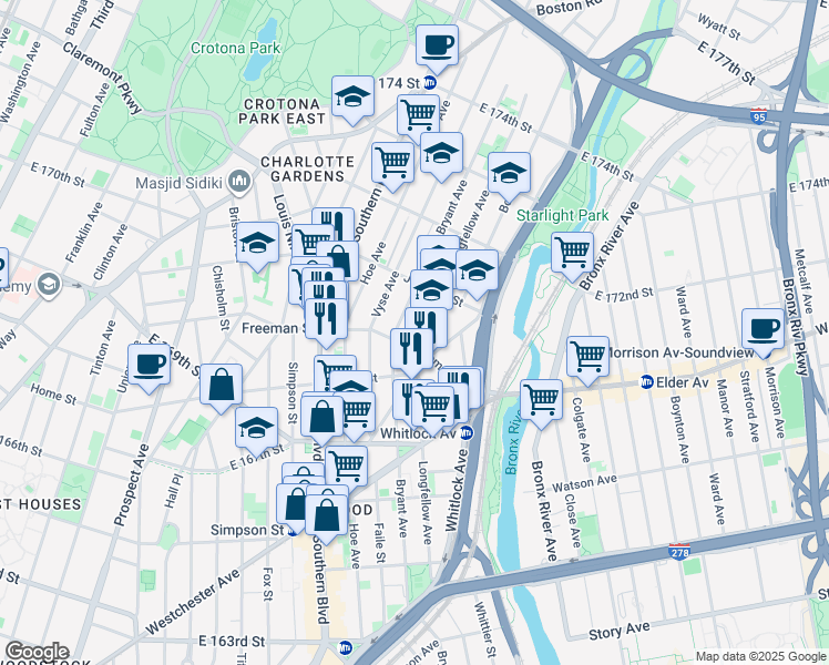 map of restaurants, bars, coffee shops, grocery stores, and more near 1406 Bryant Avenue in Bronx