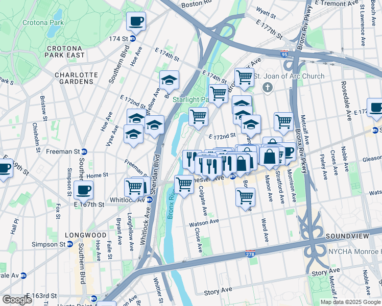 map of restaurants, bars, coffee shops, grocery stores, and more near 1253 Bronx River Avenue in Bronx