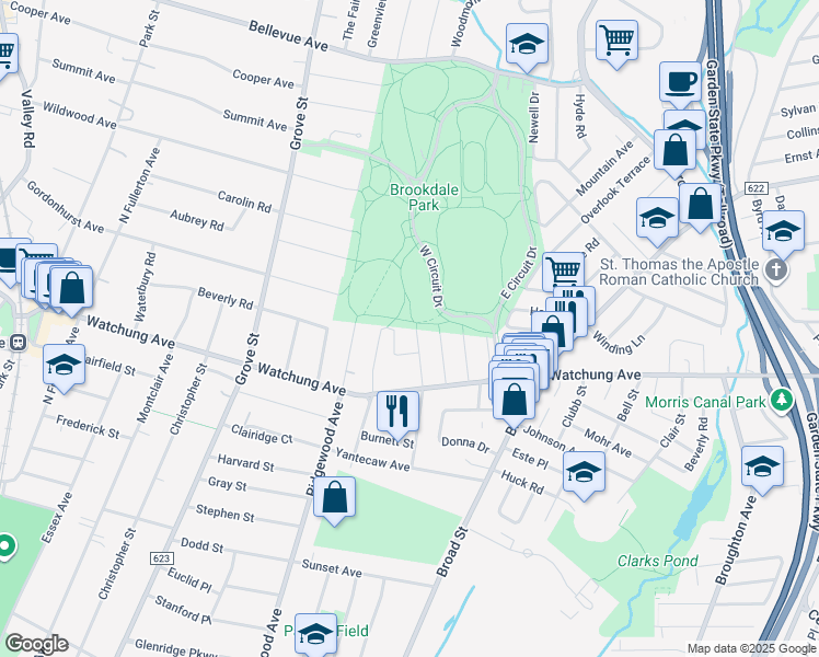 map of restaurants, bars, coffee shops, grocery stores, and more near 108 Hawthorne Avenue in Bloomfield