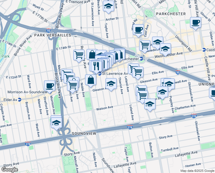 map of restaurants, bars, coffee shops, grocery stores, and more near 1207 Beach Avenue in The Bronx
