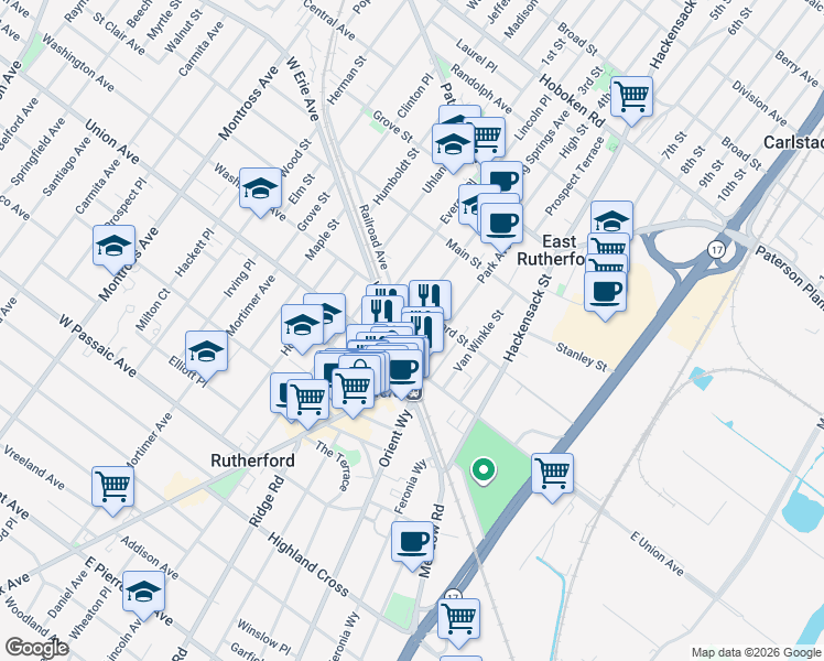 map of restaurants, bars, coffee shops, grocery stores, and more near 201 Railroad Avenue in East Rutherford