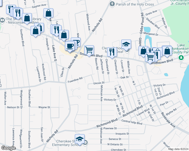 map of restaurants, bars, coffee shops, grocery stores, and more near 1614 Townline Road in Nesconset