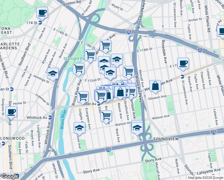 map of restaurants, bars, coffee shops, grocery stores, and more near 1235 Ward Avenue in Bronx