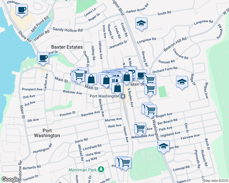 map of restaurants, bars, coffee shops, grocery stores, and more near 92 Main Street in Port Washington