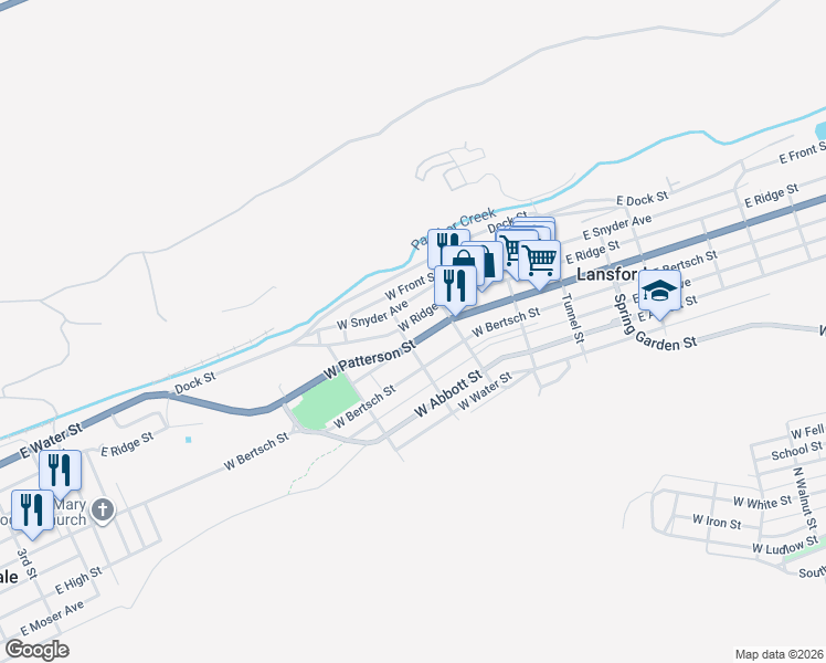map of restaurants, bars, coffee shops, grocery stores, and more near 218 West Patterson Street in Lansford