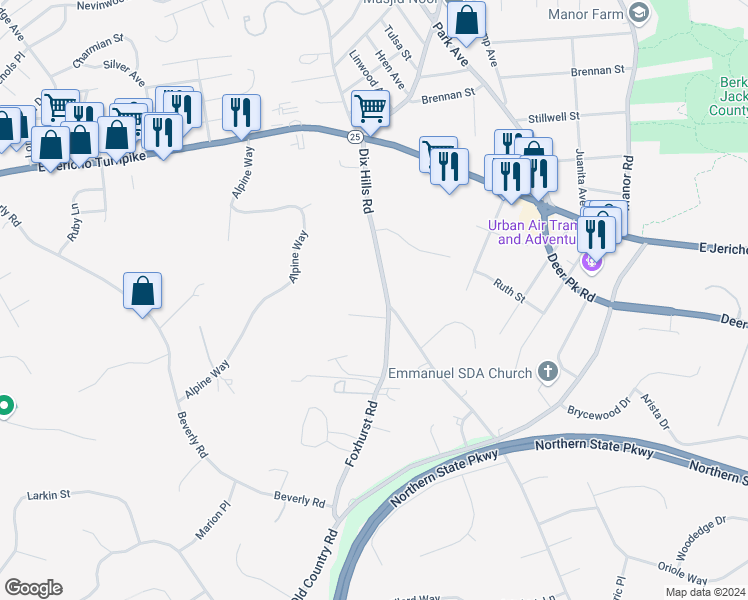 map of restaurants, bars, coffee shops, grocery stores, and more near 179 Dix Hills Road in Huntington Station