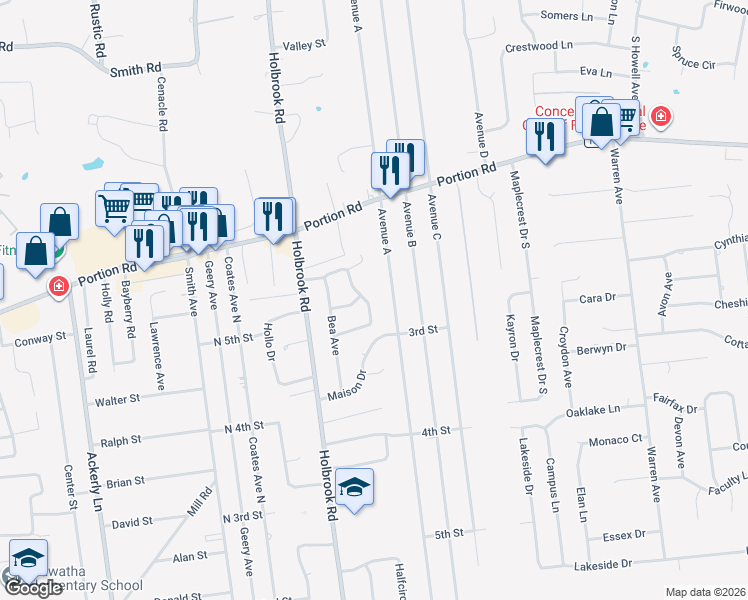map of restaurants, bars, coffee shops, grocery stores, and more near 23 Topaz Drive in Lake Ronkonkoma