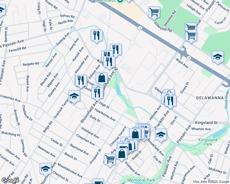 map of restaurants, bars, coffee shops, grocery stores, and more near 47 Lake Street in Nutley