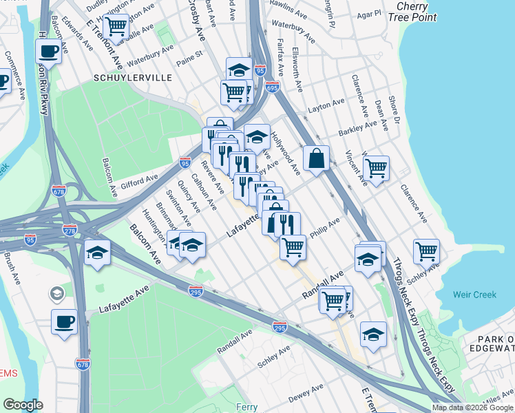 map of restaurants, bars, coffee shops, grocery stores, and more near 3557 East Tremont Avenue in The Bronx
