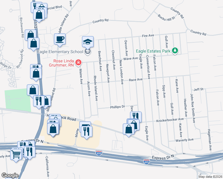 map of restaurants, bars, coffee shops, grocery stores, and more near 2915 Newport Avenue in Medford