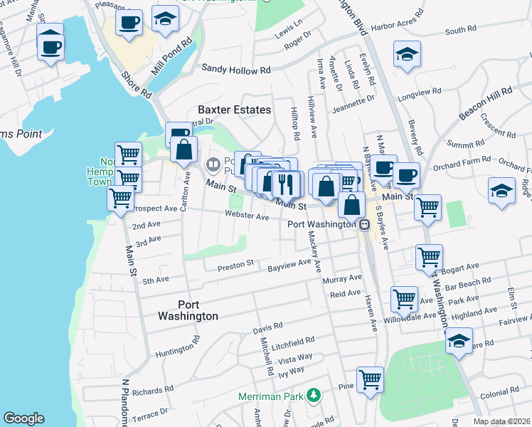 map of restaurants, bars, coffee shops, grocery stores, and more near 85 Webster Avenue in Port Washington