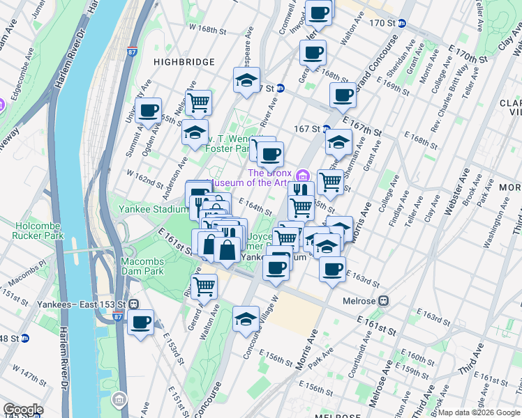 map of restaurants, bars, coffee shops, grocery stores, and more near 990 Gerard Avenue in Bronx