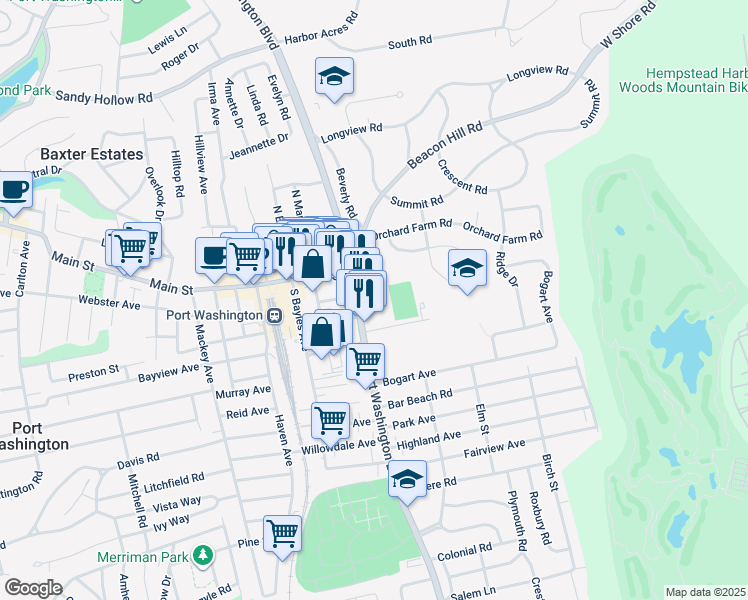 map of restaurants, bars, coffee shops, grocery stores, and more near 961-1029 Port Washington Boulevard in Port Washington