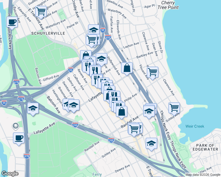 map of restaurants, bars, coffee shops, grocery stores, and more near 859 Edison Avenue in Bronx