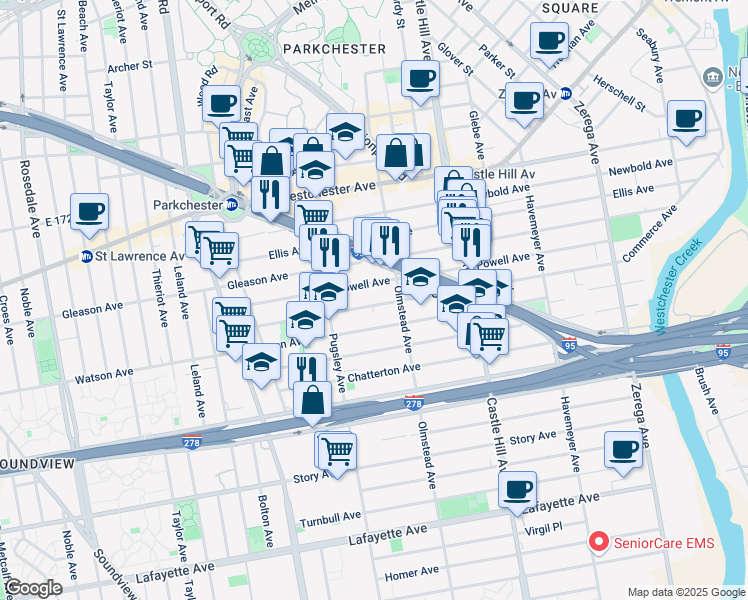 map of restaurants, bars, coffee shops, grocery stores, and more near 2033 Haviland Avenue in Bronx