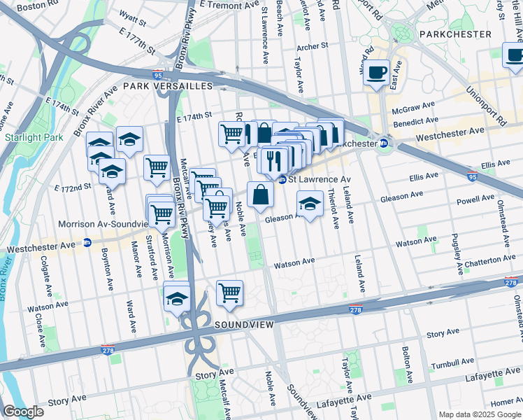 map of restaurants, bars, coffee shops, grocery stores, and more near in The Bronx