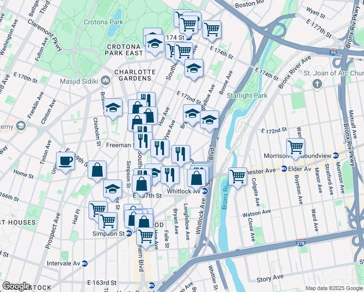 map of restaurants, bars, coffee shops, grocery stores, and more near 1406 Bryant Avenue in Bronx