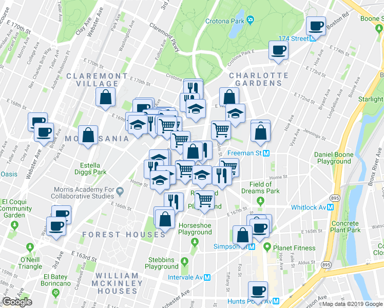 map of restaurants, bars, coffee shops, grocery stores, and more near 1347 Prospect Avenue in The Bronx