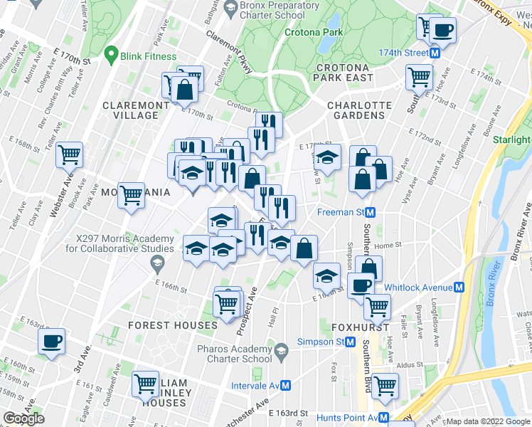 map of restaurants, bars, coffee shops, grocery stores, and more near 1347 Prospect Avenue in Bronx