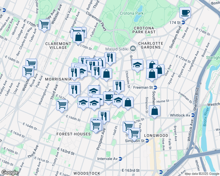 map of restaurants, bars, coffee shops, grocery stores, and more near 786 East 169th Street in Bronx
