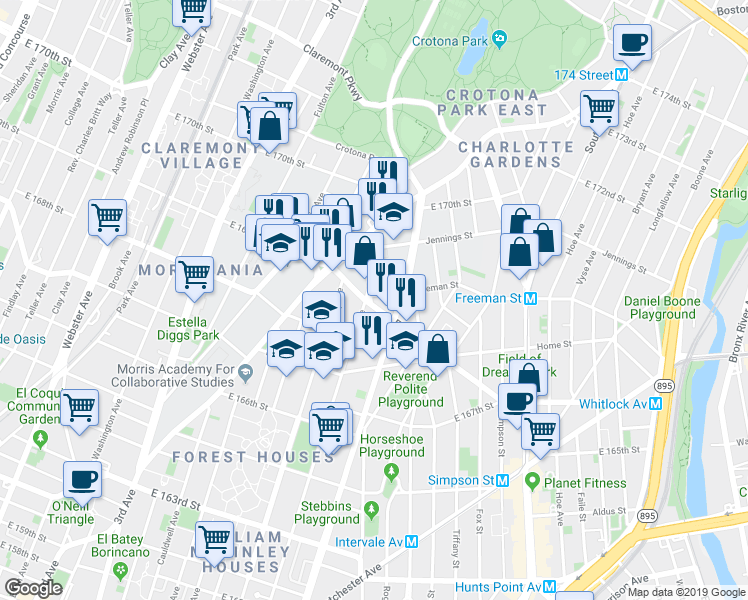 map of restaurants, bars, coffee shops, grocery stores, and more near 786 East 169th Street in Bronx