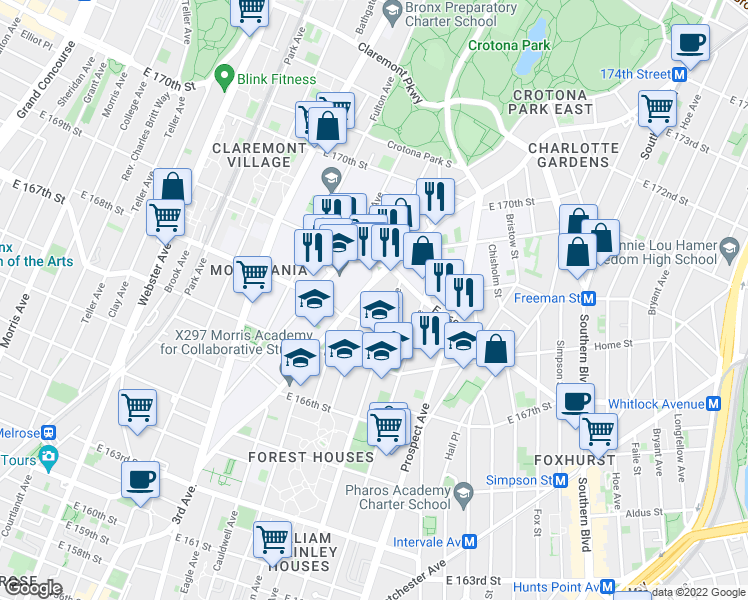 map of restaurants, bars, coffee shops, grocery stores, and more near 1225 Tinton Avenue in The Bronx
