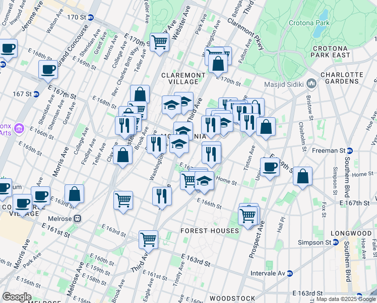 map of restaurants, bars, coffee shops, grocery stores, and more near 1194 Fulton Avenue in Bronx