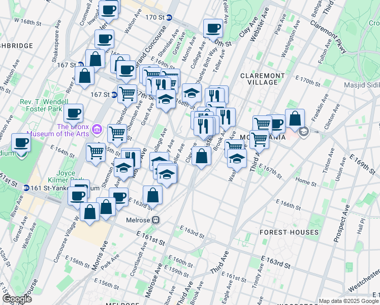 map of restaurants, bars, coffee shops, grocery stores, and more near 1109 Clay Avenue in The Bronx