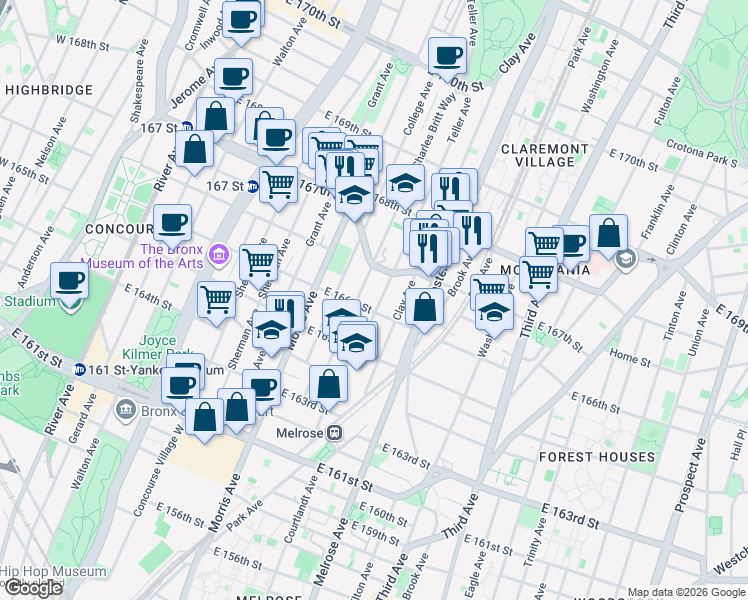 map of restaurants, bars, coffee shops, grocery stores, and more near 1109 Clay Avenue in The Bronx