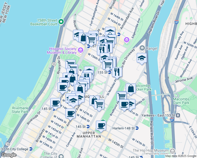 map of restaurants, bars, coffee shops, grocery stores, and more near 445 West 153 Street in New York