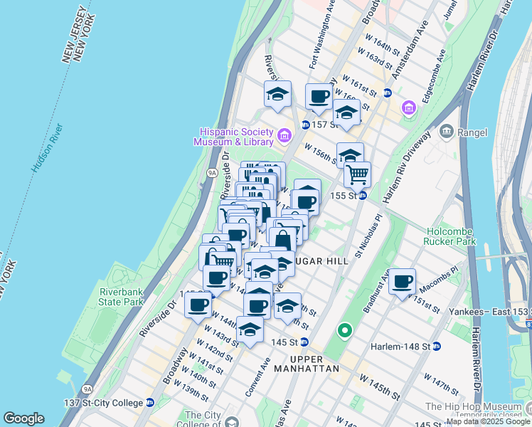 map of restaurants, bars, coffee shops, grocery stores, and more near 569 West 150th Street in New York