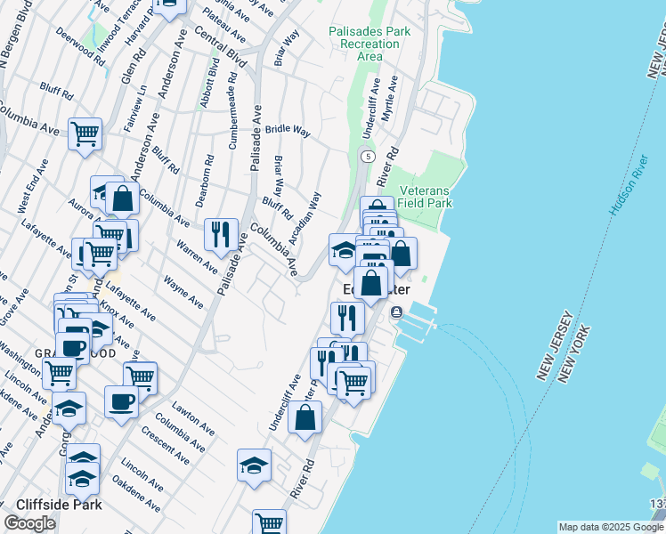 map of restaurants, bars, coffee shops, grocery stores, and more near 513 Undercliff Avenue in Edgewater