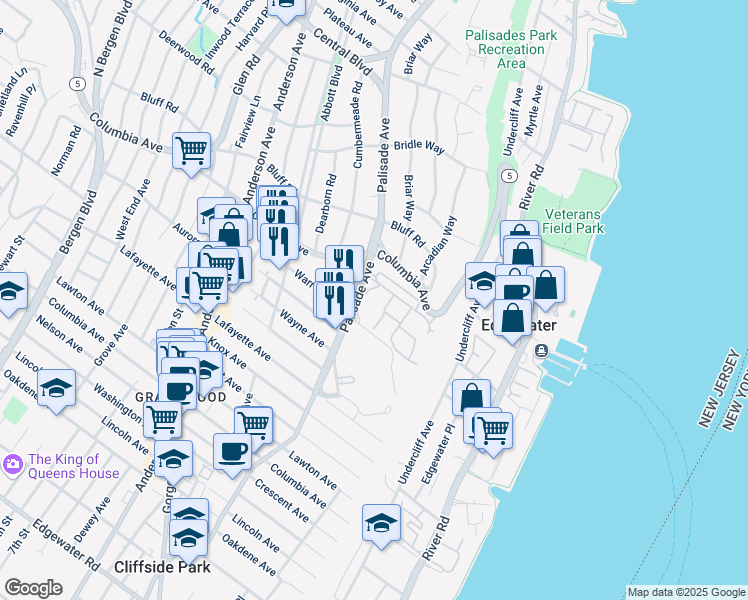 map of restaurants, bars, coffee shops, grocery stores, and more near 101 Victoria Place West in Fort Lee