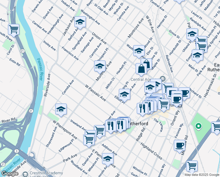 map of restaurants, bars, coffee shops, grocery stores, and more near 215 Wood Street in Rutherford