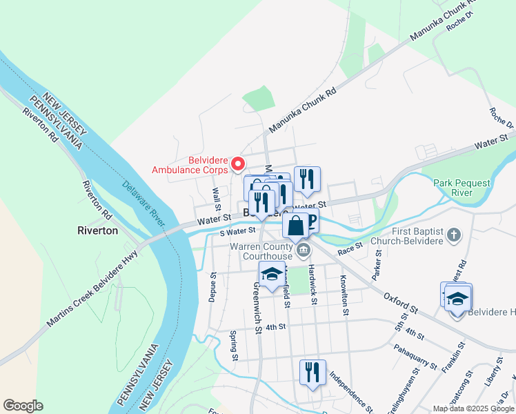 map of restaurants, bars, coffee shops, grocery stores, and more near 231 Water Street in Belvidere