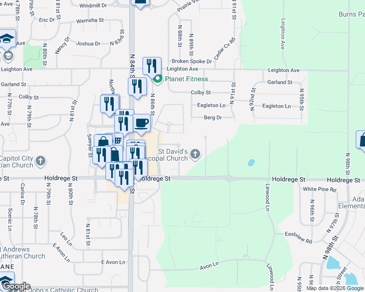 map of restaurants, bars, coffee shops, grocery stores, and more near 1710 North 87th Street in Lincoln