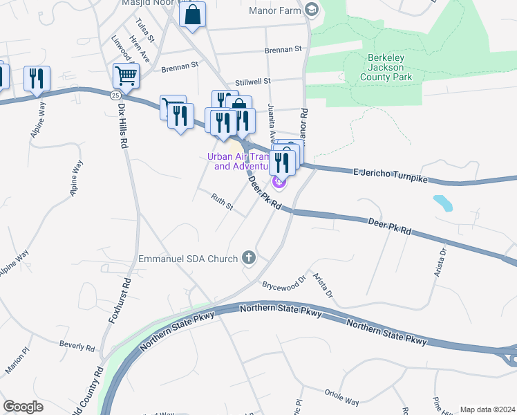 map of restaurants, bars, coffee shops, grocery stores, and more near 18 Alyssum Avenue in Huntington
