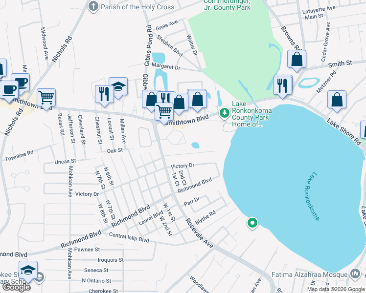 map of restaurants, bars, coffee shops, grocery stores, and more near 27 Park Circle in Nesconset
