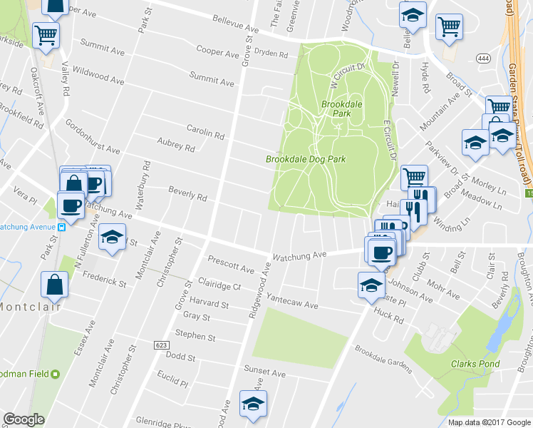 map of restaurants, bars, coffee shops, grocery stores, and more near 23 Fairmount Avenue in Montclair