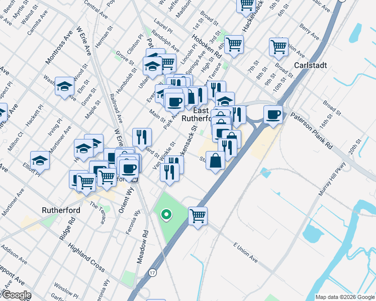 map of restaurants, bars, coffee shops, grocery stores, and more near 160 Hackensack Street in East Rutherford
