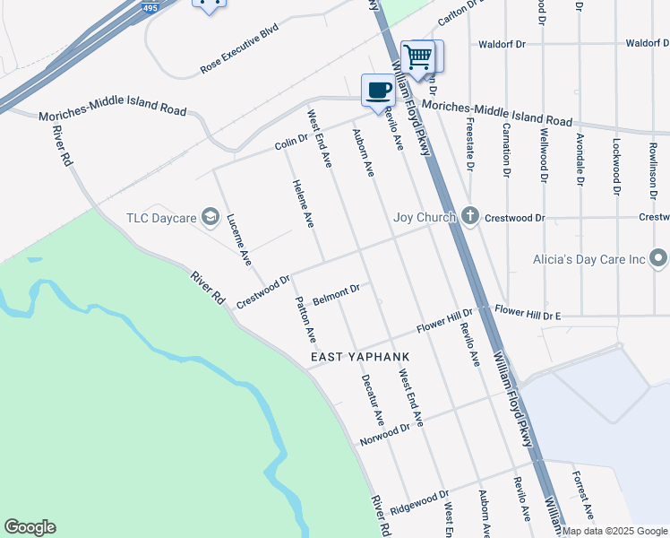 map of restaurants, bars, coffee shops, grocery stores, and more near 40 Crestwood Drive in Shirley