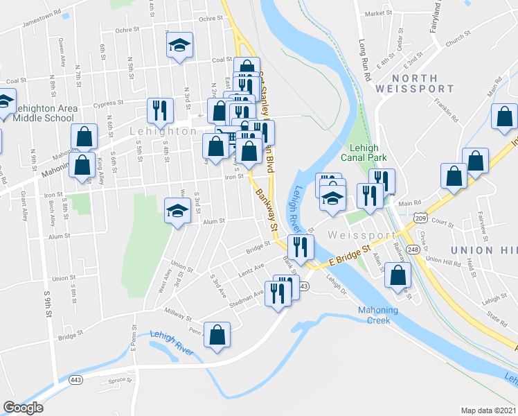 map of restaurants, bars, coffee shops, grocery stores, and more near 271 South 1st Street in Lehighton
