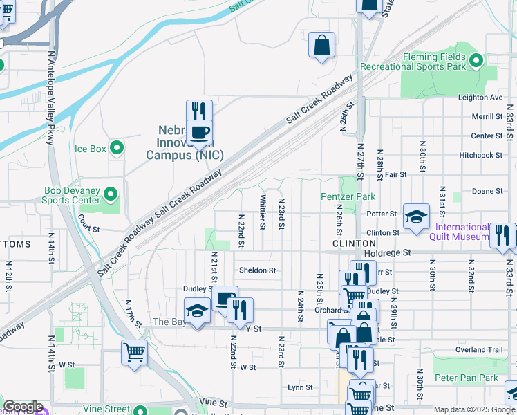 map of restaurants, bars, coffee shops, grocery stores, and more near 1701 Whittier Street in Lincoln